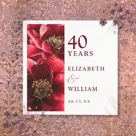 Servilleta De Papel Elegante Floral Rojo Rubí Moderno 40 Aniversario