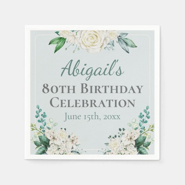 Servilleta De Papel Elegante Floral rosa blanca 80 cumpleaños Cualquie (Anverso)