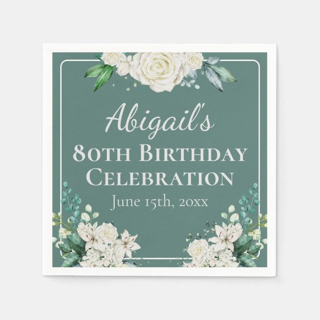 Servilleta De Papel Elegante Floral rosa blanca 80 cumpleaños Cualquie (Anverso)