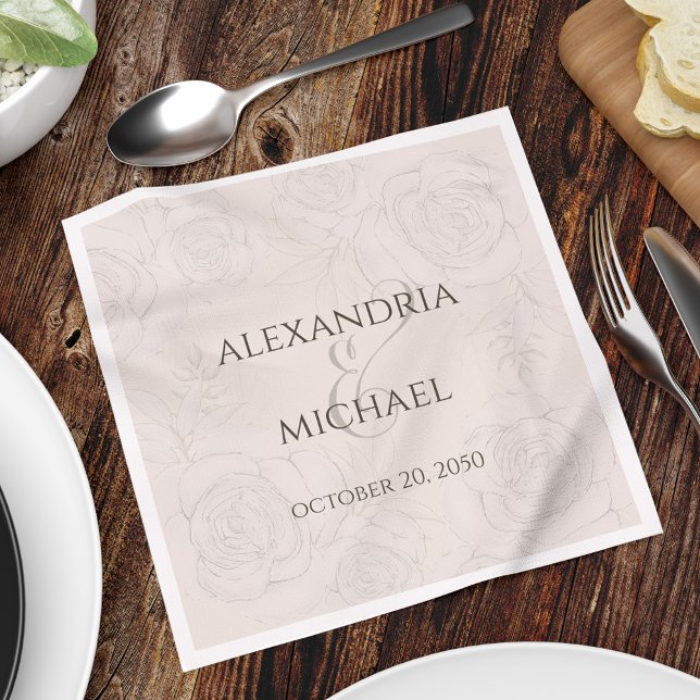 Servilleta De Papel Elegante Floral Rubor caligrafía guión ampersand (Elegant floral blush calligraphy ampersand dinner napkin.  )