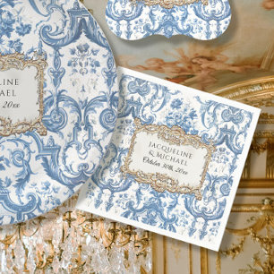 Servilleta De Papel Elegante Floral Vintage Azul y Blanco Dorado Nupci