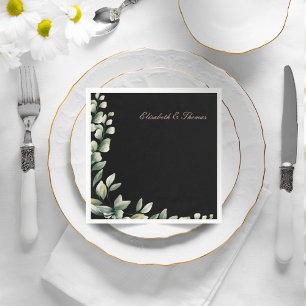 Servilleta De Papel Elegante fondo negro eucalipto hojas boda