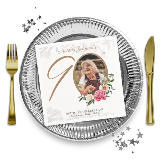 Servilleta De Papel Elegante foto botánica de la fiesta de cumpleaños  (Elegant 90th Birthday Party Floral Botanical Photo Napkins)
