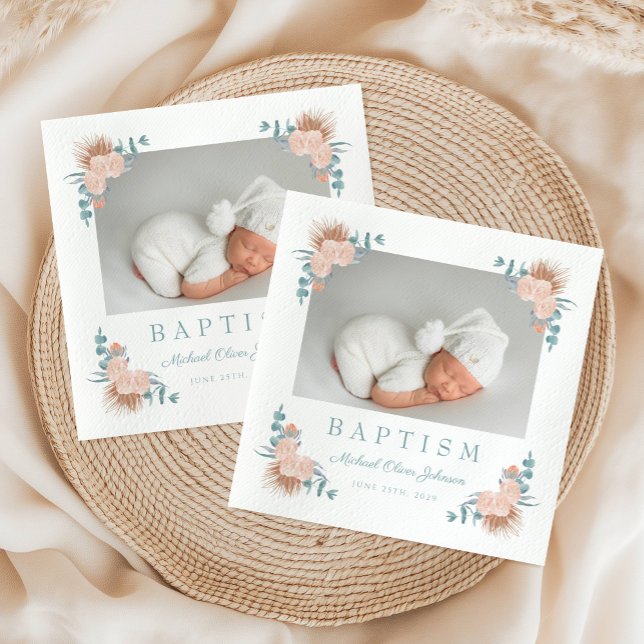 Servilleta De Papel Elegante foto de bautismo de niño floral (Elegant Floral Boy Baptism Photo Napkins)