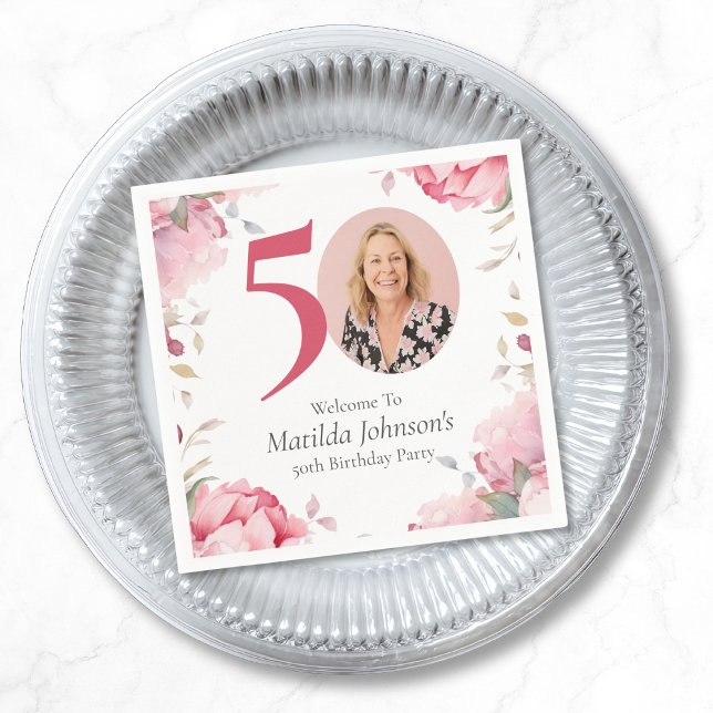 Servilleta De Papel Elegante foto de flores rosadas 50 cumpleaños (Elegant Pink Floral Photo 50th Birthday Party Napkins)
