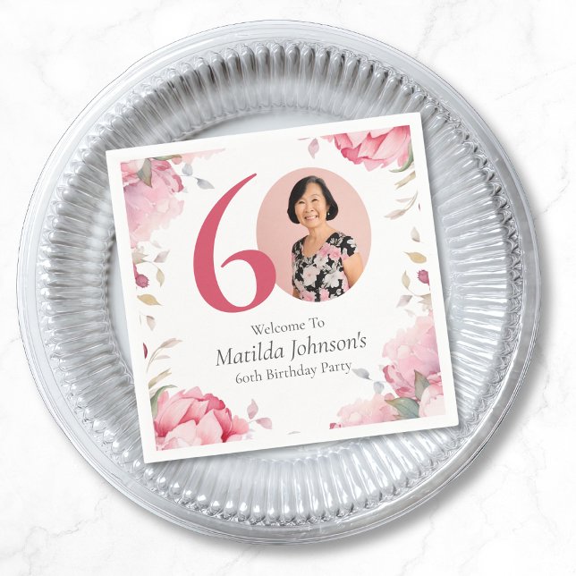 Servilleta De Papel Elegante foto de flores rosadas 60 cumpleaños (Elegant Pink Floral Photo 60th Birthday Party Napkins)