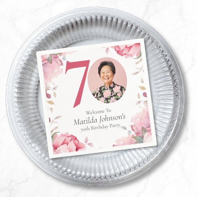 Servilleta De Papel Elegante foto de flores rosadas 70 cumpleaños (Elegant Pink Floral Photo 70th Birthday Party Napkins)