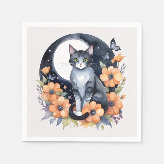Servilleta De Papel Elegante gato negro Floral Moon Art - inspirado en (Anverso)