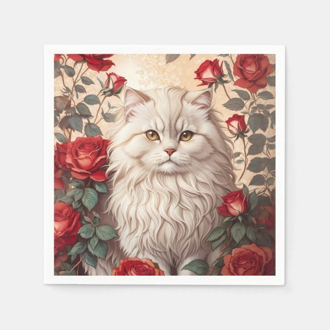 Servilleta De Papel Elegante gato persa con Rosas (Anverso)