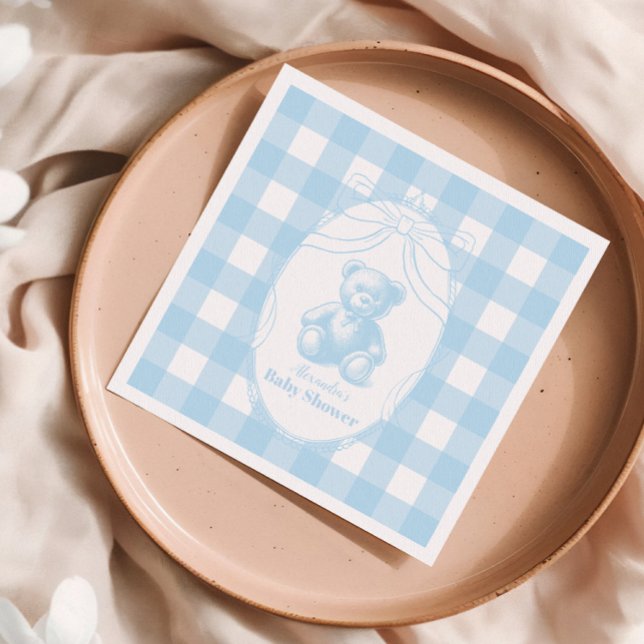 Servilleta De Papel Elegante Gingham French Teddy Bear Baby Shower (Subido por el creador)