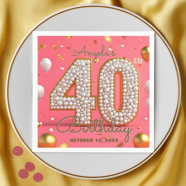 Servilleta De Papel Elegante Glam Pink Gold y Perlas 40 cumpleaños (Subido por el creador)