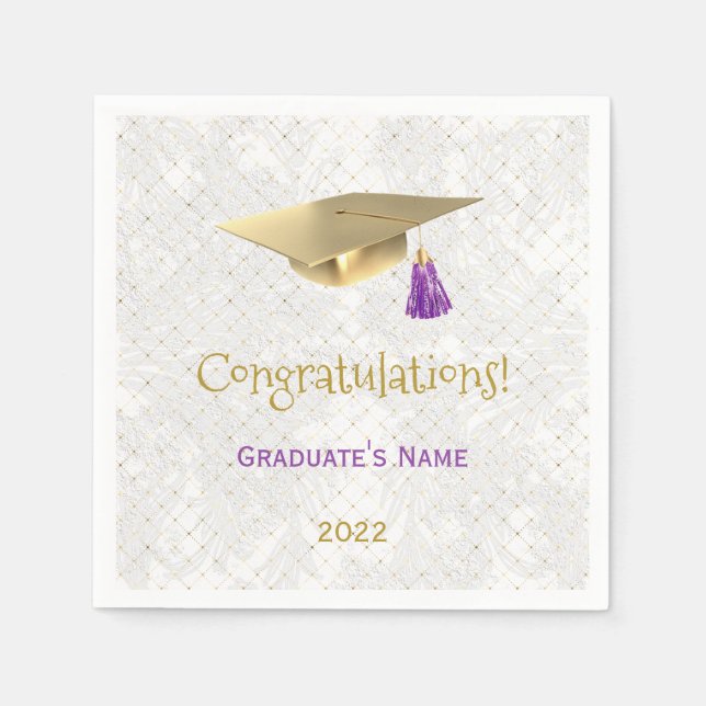 Servilleta De Papel Elegante Gold Cap Purple Felicitaciones Graduación (Anverso)