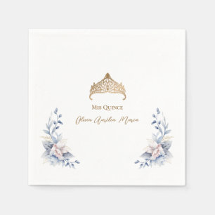 Servilleta De Papel Elegante Gold Tiara Blue Floral Quinceañera