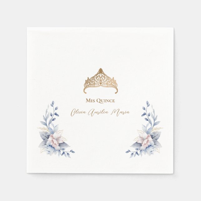 Servilleta De Papel Elegante Gold Tiara Blue Floral Quinceañera (Anverso)