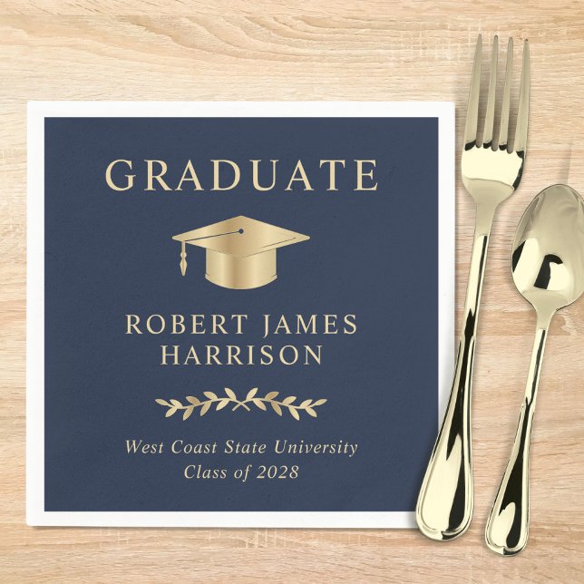 Servilleta De Papel Elegante Grad Cap Blue Gold Graduation Party (Subido por el creador)