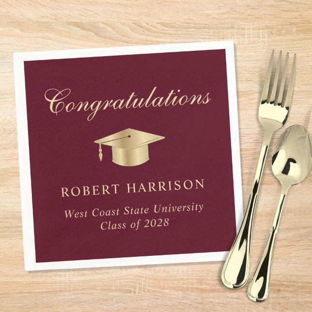Servilleta De Papel Elegante Grad Cap Burgundy Gold Graduation Party (Subido por el creador)