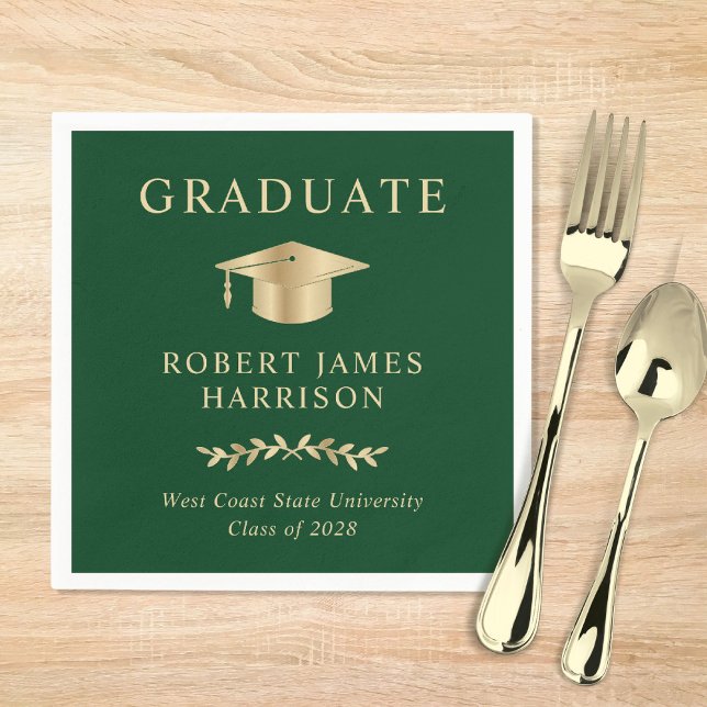 Servilleta De Papel Elegante Grad Cap Green Gold Graduation Party (Subido por el creador)