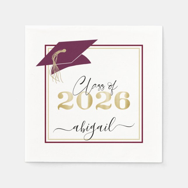Servilleta De Papel Elegante Graduación 2025 Maroon Faux Metallic Gold (Anverso)