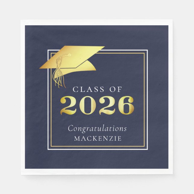 Servilleta De Papel Elegante graduación 2025 Navy Gold Personalizado (Anverso)