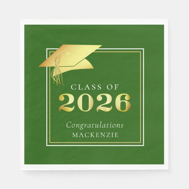 Servilleta De Papel Elegante Graduación 2025 Oro Metálico Verde (Anverso)