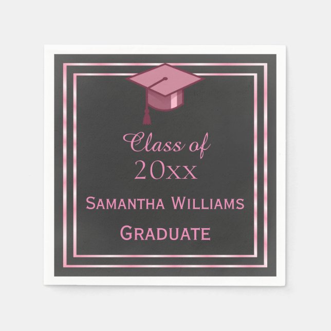 Servilleta De Papel Elegante Graduación Enmarcada Rosa (Anverso)