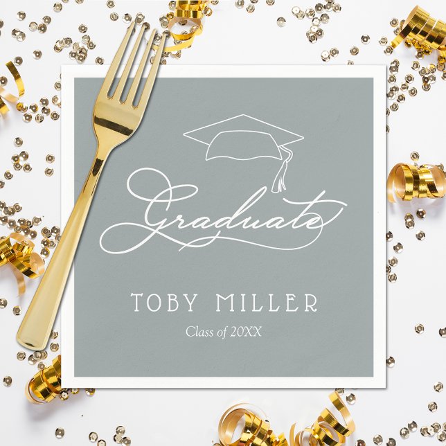Servilleta De Papel Elegante graduado de guión en graduación de gris p (White script grad cap on silver gray personalized graduation napkins, paper plates in our store)