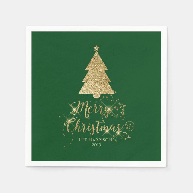 Servilleta De Papel Elegante Green Gold Merry Christmas Sparkle (Anverso)