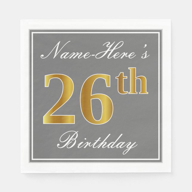 Servilleta De Papel Elegante gris, cumpleaños número 26 con falso oro; (Anverso)