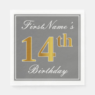 Servilleta De Papel Elegante Gris, Falso Oro Cumpleaños 14; Nombre Per