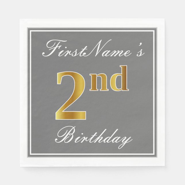 Servilleta De Papel Elegante Gris, Falso Oro Cumpleaños 2 + Nombre Per (Anverso)