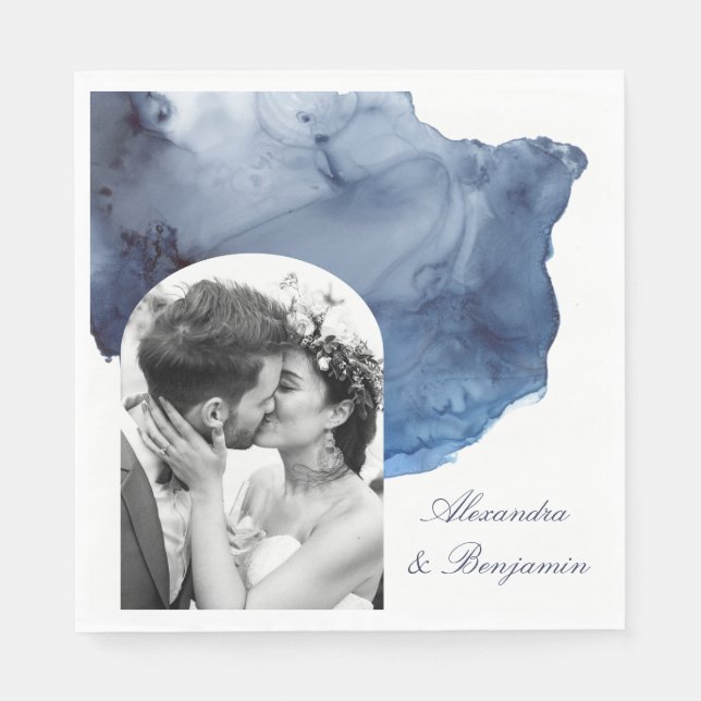 Servilleta De Papel Elegante guión azul acuarela Boda foto (Anverso)