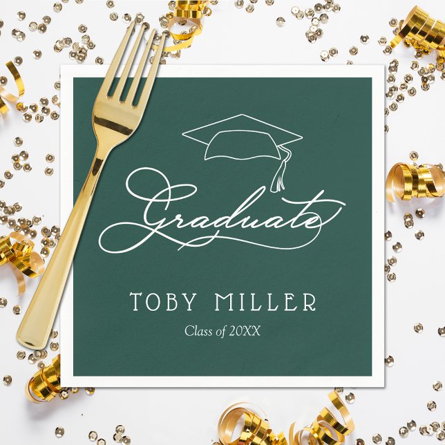 Servilleta De Papel Elegante guión Dark Green Graduation Napkins (White script grad cap on dark green personalized graduation party napkins, paper plates in our store)
