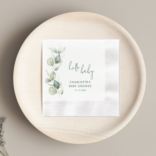 Servilleta De Papel Elegante guión de Eucalyptus papel Baby Shower (Watercolor Eucalyptus Elegant Script Baby Shower Paper Napkin)