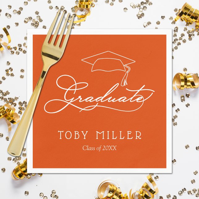 Servilleta De Papel Elegante guión de graduado sobre graduación de Nar (White script grad cap on orange personalized graduation party napkins, paper plates in our store)