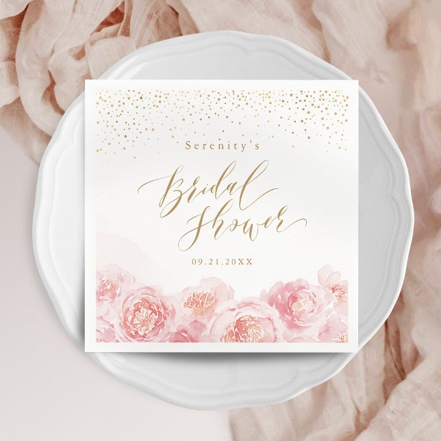 Servilleta De Papel Elegante guión dorado y rosa pálido floral para de (Elegant script gold & blush floral bridal shower napkins)