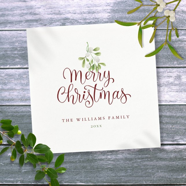 Servilleta De Papel Elegante guión Feliz Navidad Mistletoe Fiesta (Elegant Script Merry Christmas Mistletoe Holiday Napkins)