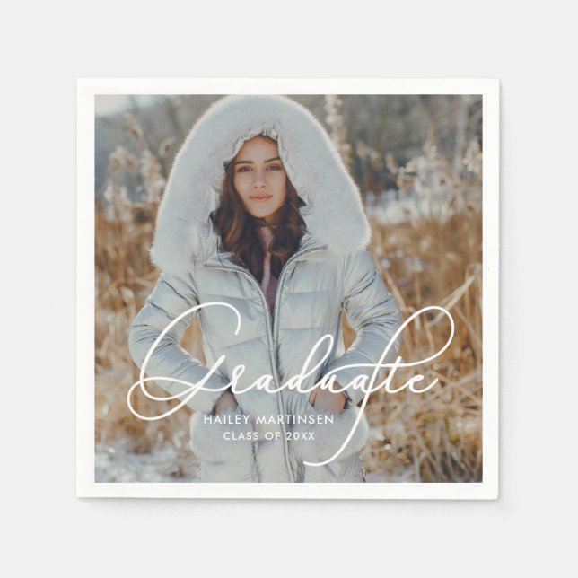 Servilleta De Papel Elegante guión Graduado Foto y nombre (Anverso)