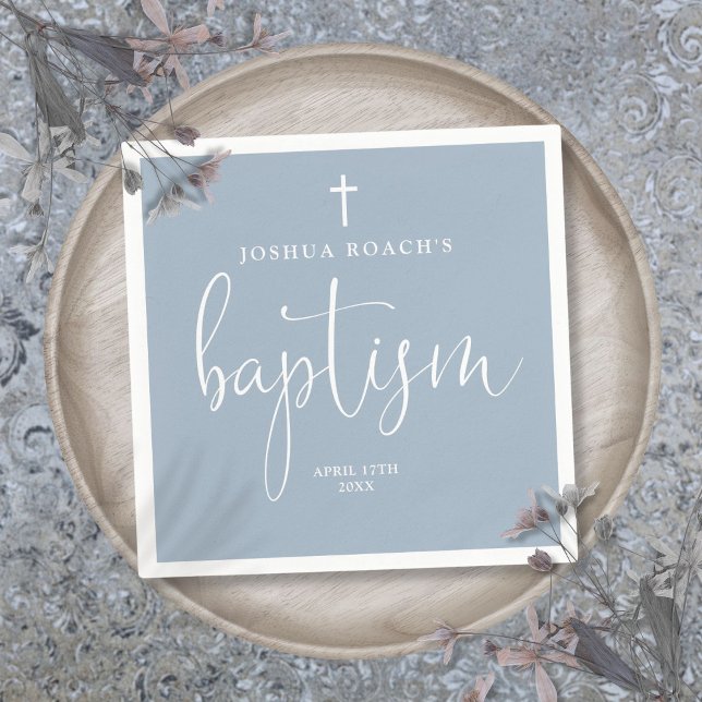Servilleta De Papel Elegante guión moderno Bautismo azul turbio (Modern Elegant Script Dusty Blue Baptism Napkins)