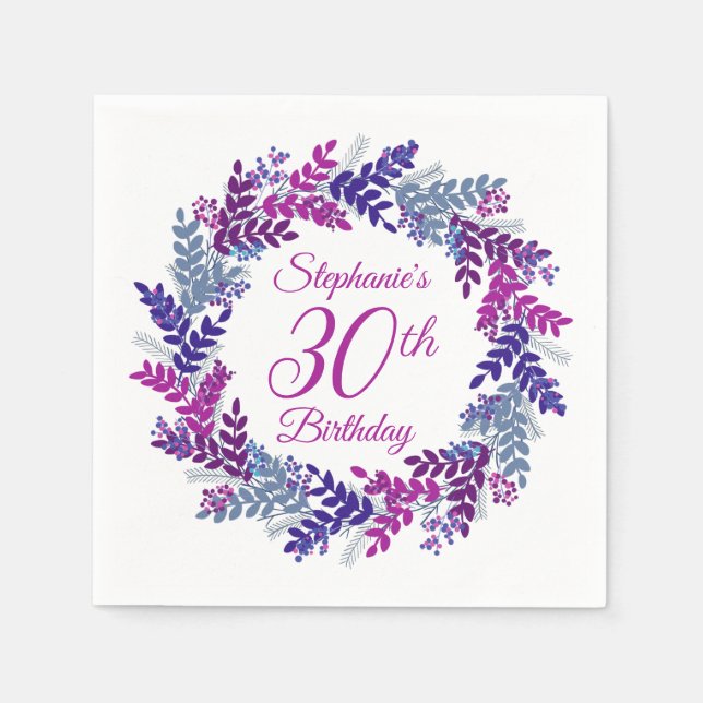 Servilleta De Papel Elegante guirnalda rosa morada 30 cumpleaños (Anverso)