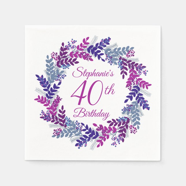 Servilleta De Papel Elegante guirnalda rosa morada 40 cumpleaños (Anverso)