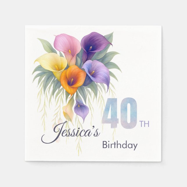 Servilleta De Papel Elegante hito de cumpleaños 40 de Calla Lily (Anverso)