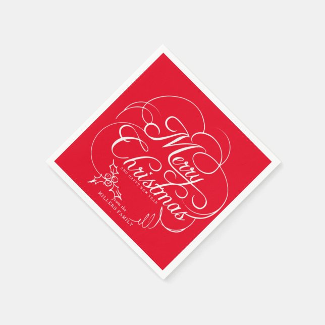 Servilleta De Papel Elegante Holly Merry Christmas Red (Borde)