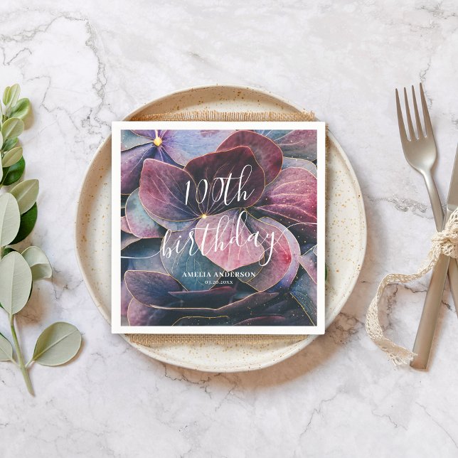 Servilleta De Papel Elegante Hydrangeas Azul púrpura dorado 100 cumple (Subido por el creador)