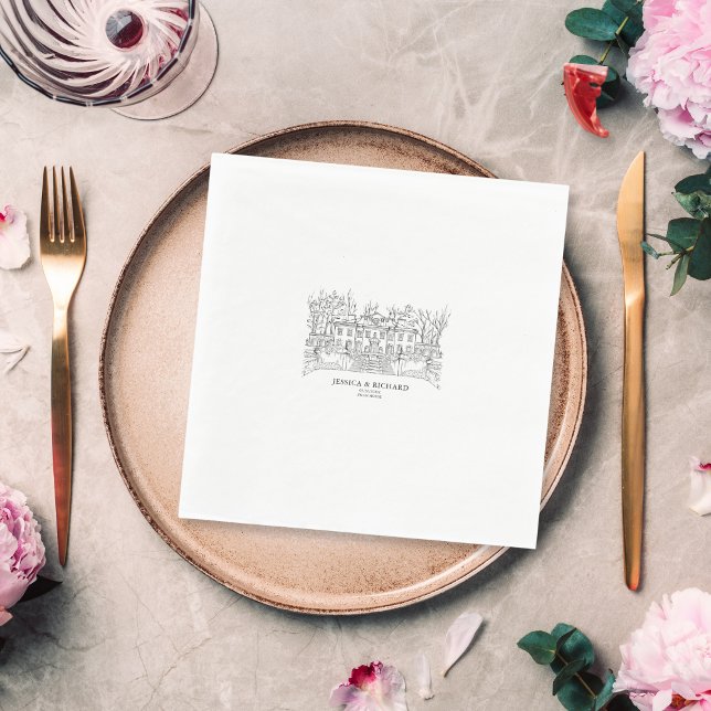 Servilleta De Papel Elegante Ilustracion Chateau de la Venue con la ma (hand drawn wedding venue illustration, black and white drawing)