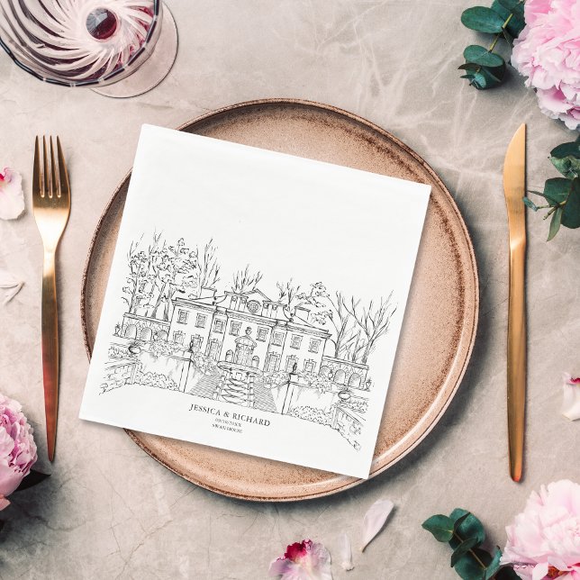 Servilleta De Papel Elegante Ilustracion Chateau de la Venue con la ma (hand drawn wedding venue illustration, black and white drawing)