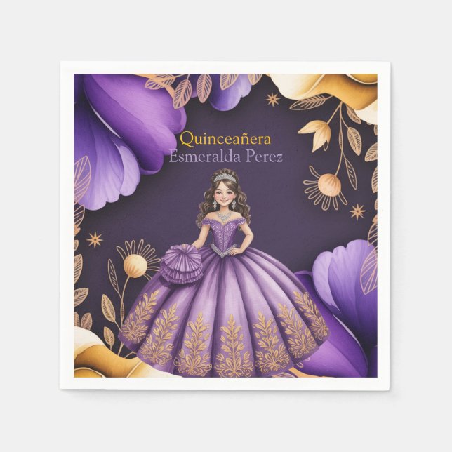 Servilleta De Papel Elegante Ilustracion Chica Purple Quinceañera (Anverso)