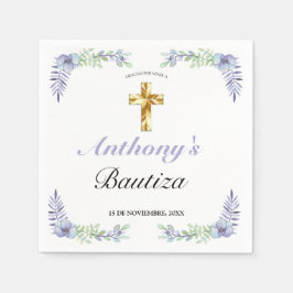 Servilleta De Papel Elegante Lavanda Cruz De Oro Bautizo Bebé