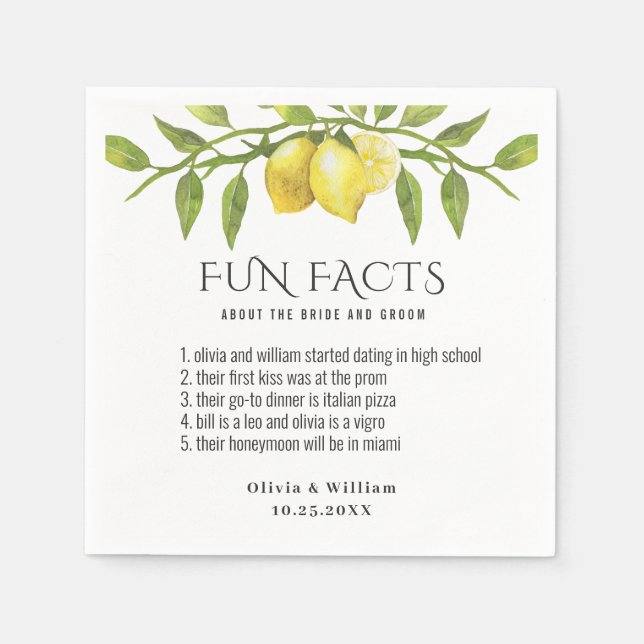 Servilleta De Papel Elegante Lemons Greenery Fun Facts Boda (Anverso)