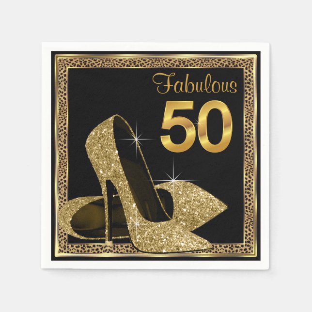 Servilleta De Papel Elegante Leopard Gold High Heel 50 cumpleaños (Anverso)