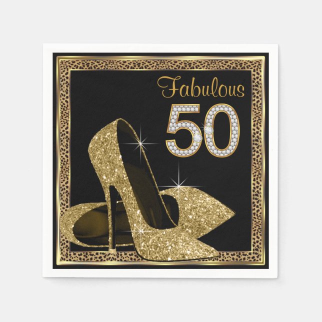 Servilleta De Papel Elegante Leopard Gold High Heel 50 cumpleaños (Anverso)